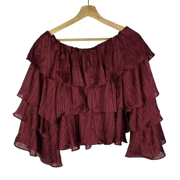 MINKPINK Burgundy Red In the Moment Ruffle Tiered Long Sleeve Blouse S - Picture 3 of 5